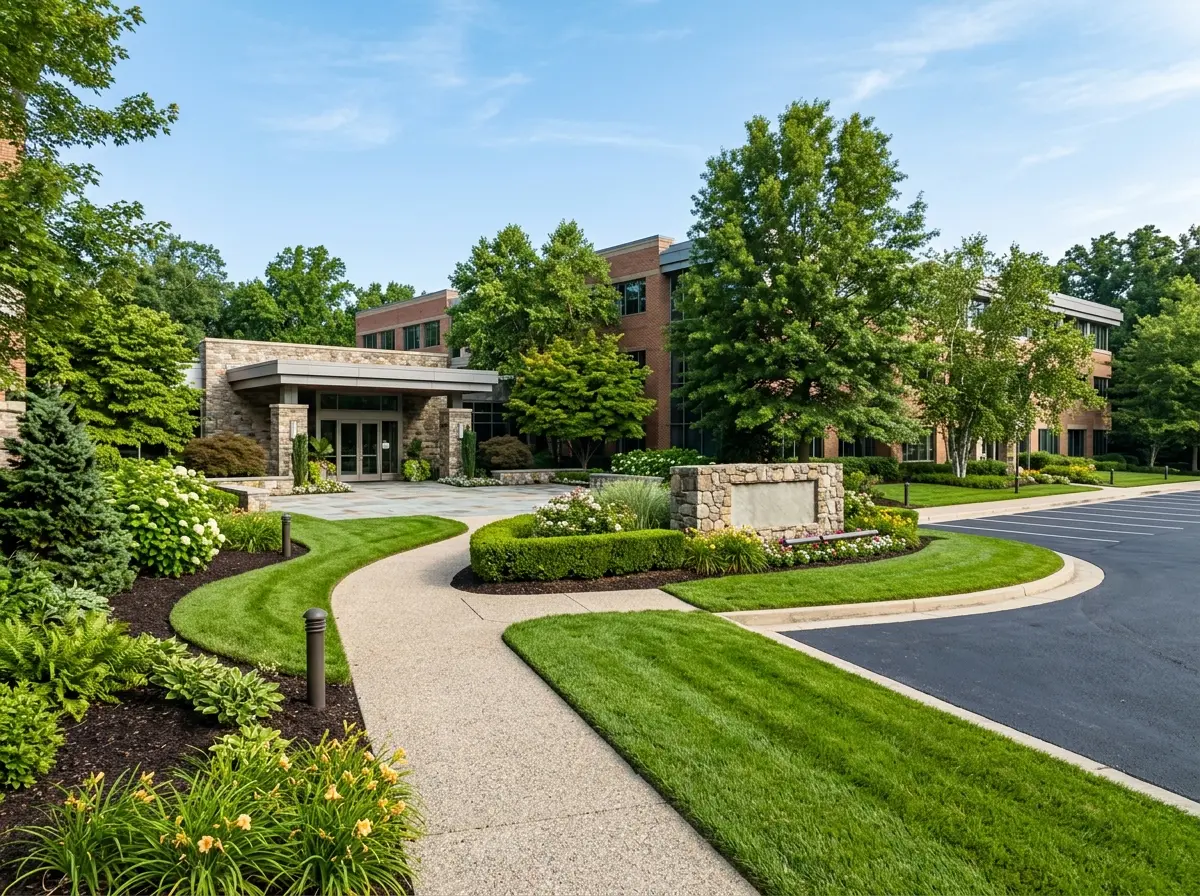Manicured grounds and landscaped entrance of an upscale Maryland office park