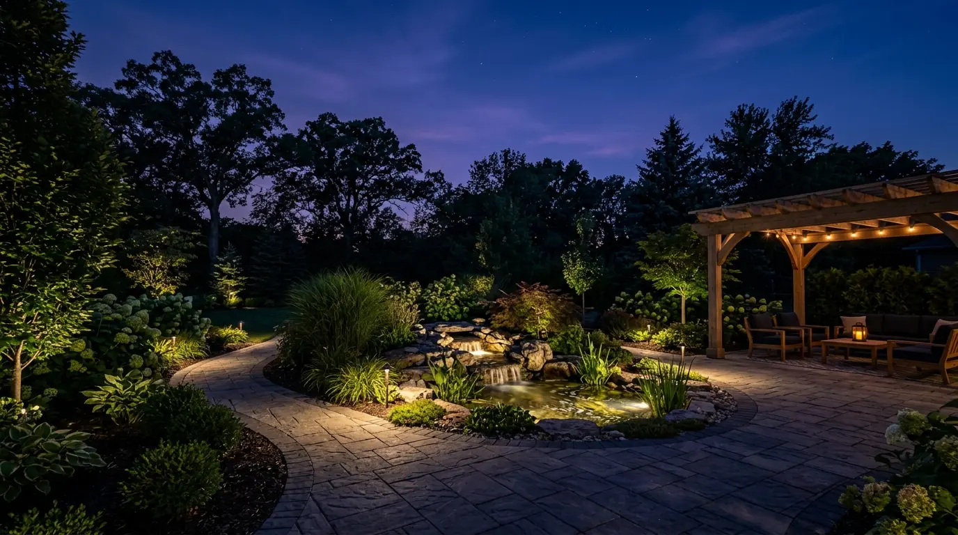 Professionally landscaped backyard glowing with landscape lighting at dusk