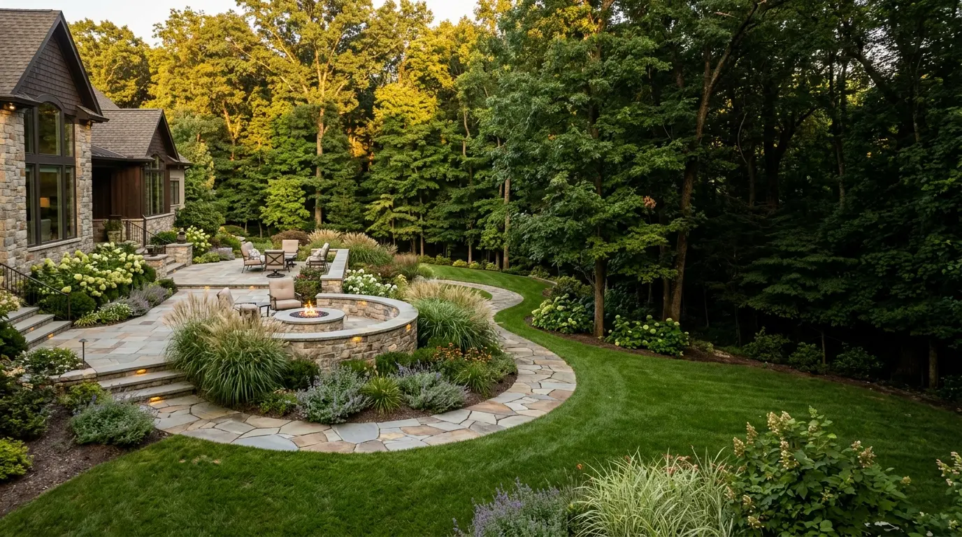 A complete luxury backyard design-build transformation with a multi-level patio, fire feature and lush plantings at golden hour