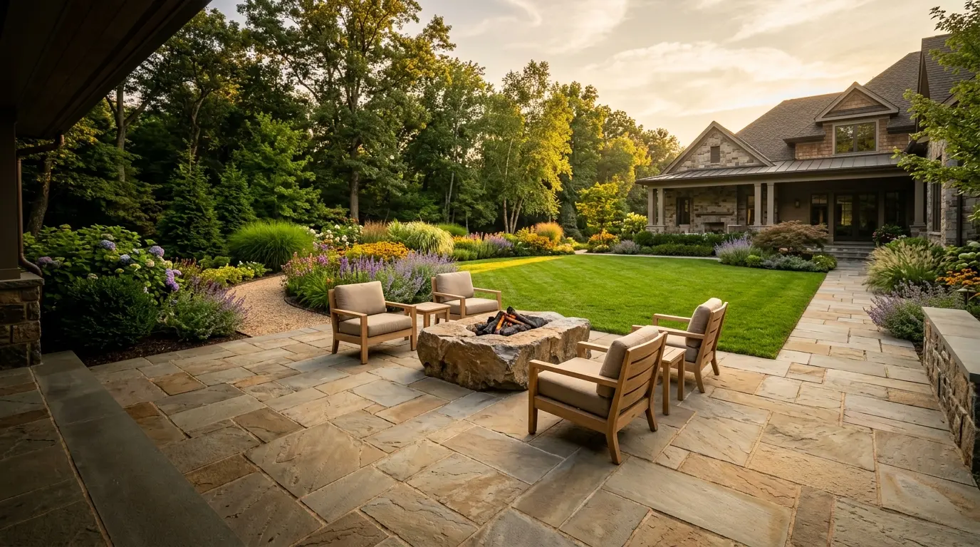 Newly installed flagstone patio and lush landscaping in a Montgomery County, MD backyard at golden hour
