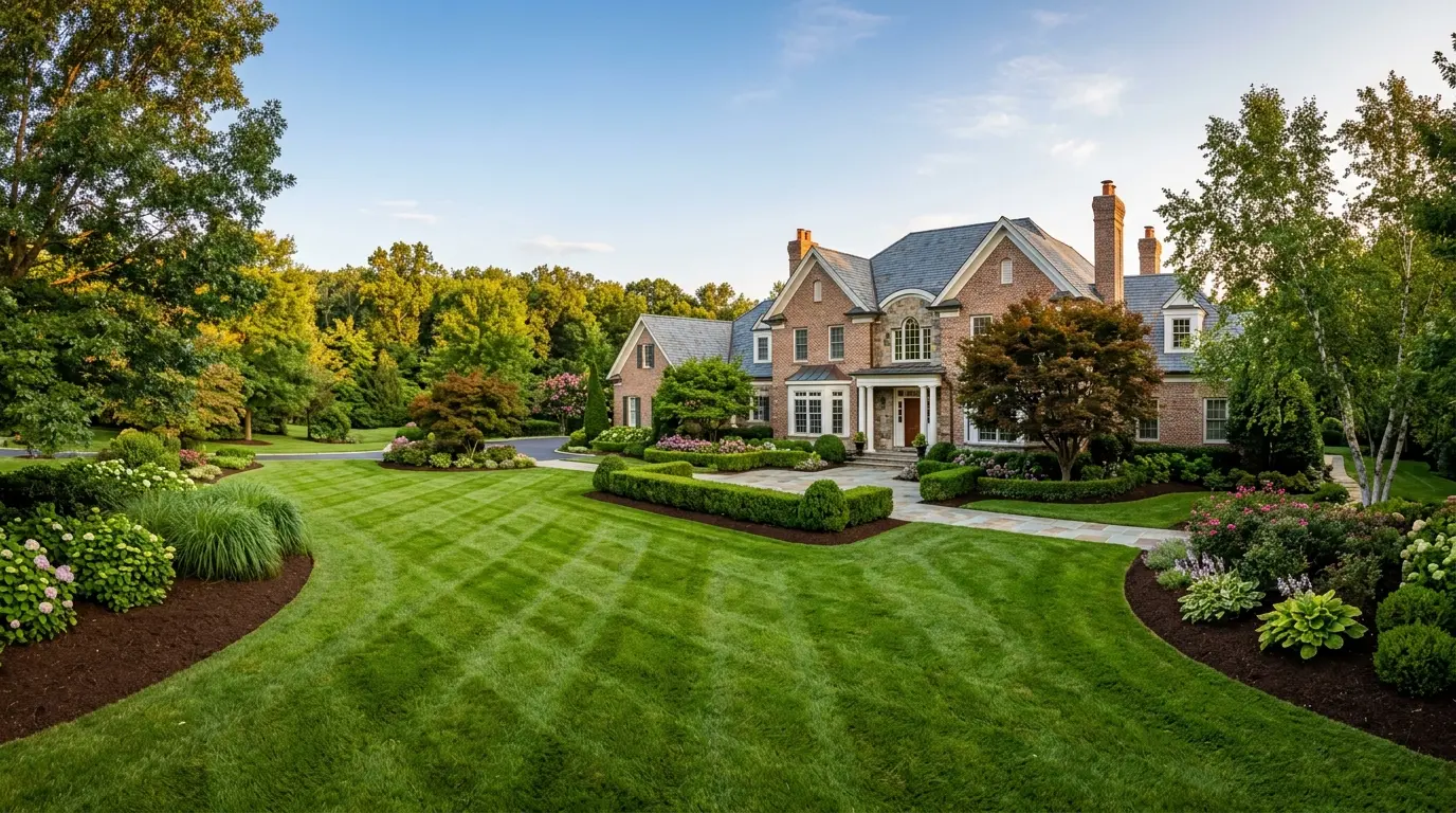 Beautifully maintained upscale Montgomery County, MD property with a striped green lawn and crisp bed edges