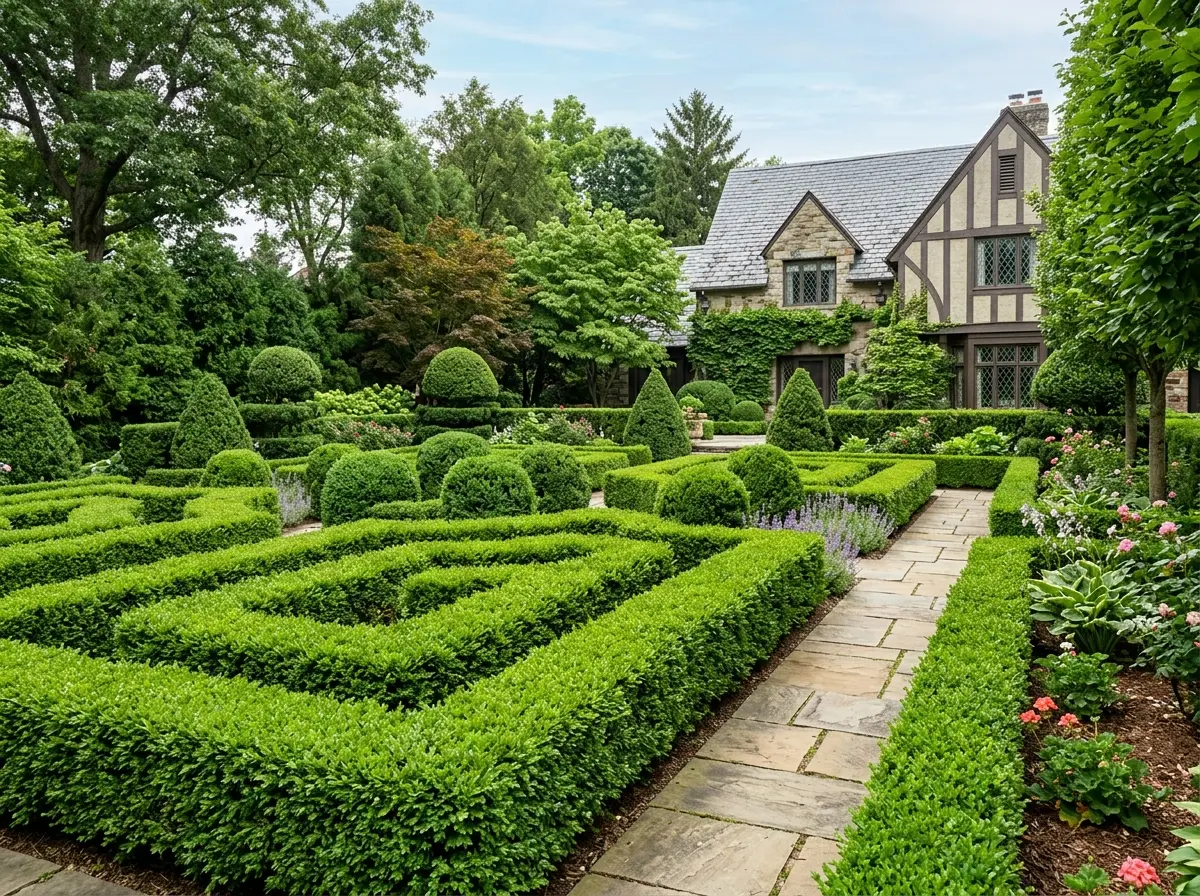 Immaculately trimmed boxwood hedges and ornamental shrubs in an upscale residential garden