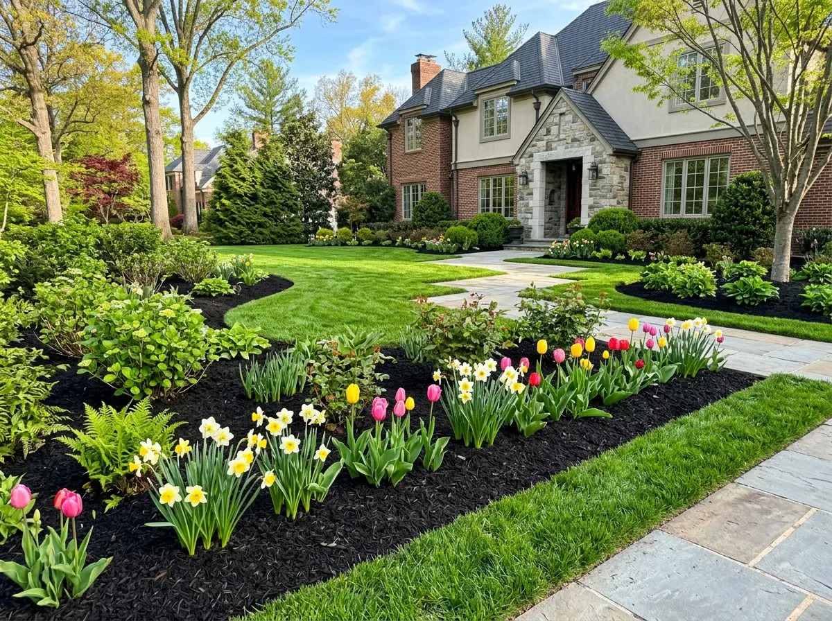 Freshly completed spring yard cleanup with crisp clean beds and blooming tulips in front of an upscale Maryland home