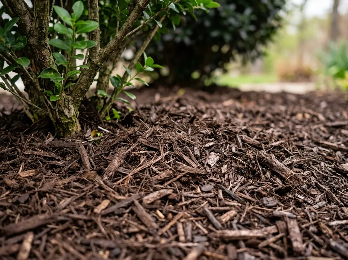 Close-up of fresh dark hardwood mulch neatly spread around the base of a healthy green shrub