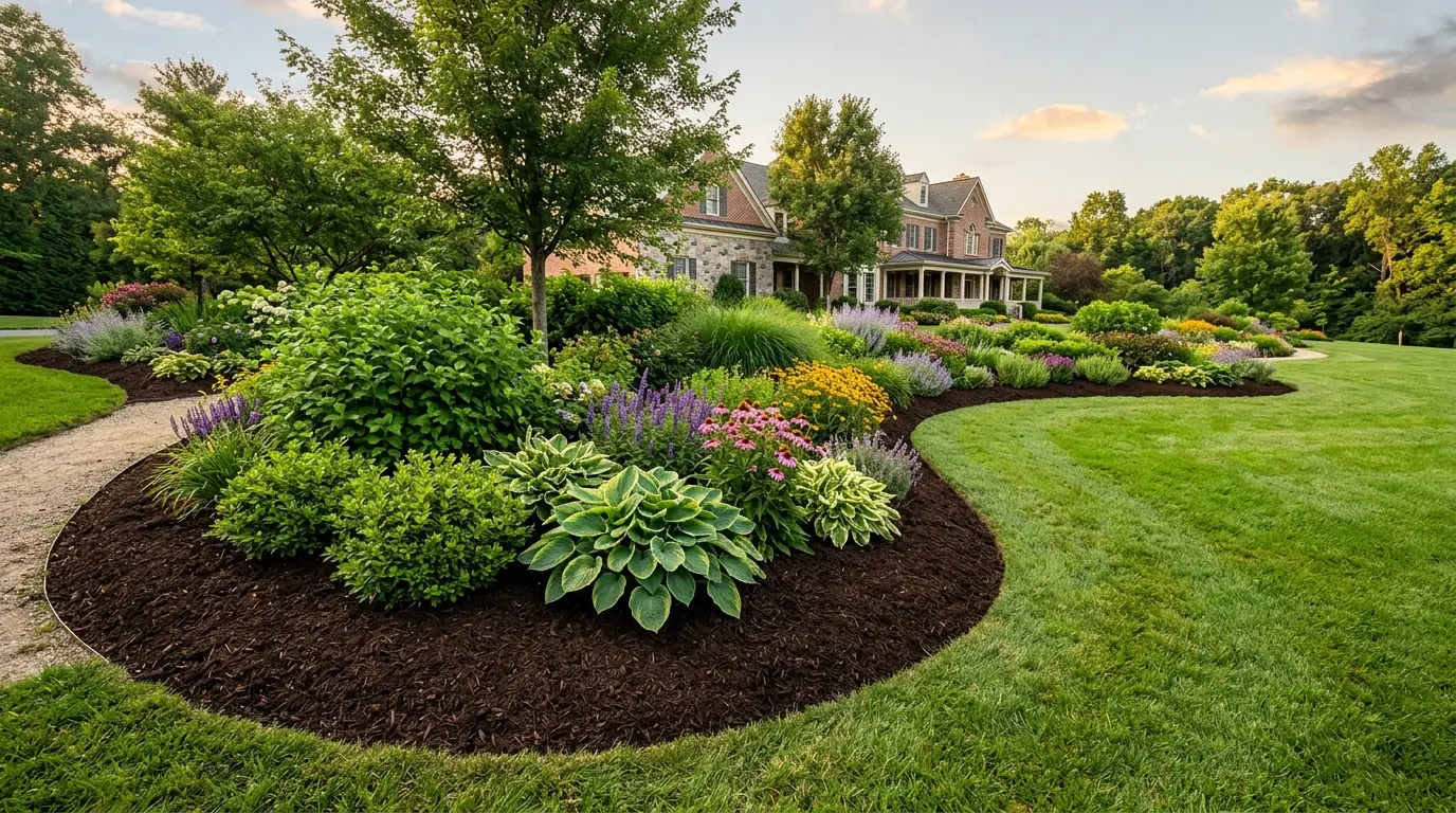 Freshly installed premium dark mulch across manicured garden beds at an upscale Maryland property