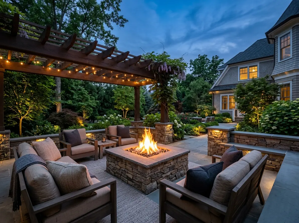 Luxury outdoor living space at dusk with a stacked-stone fire pit, lounge seating, pergola and warm landscape lighting in an upscale Potomac, MD backyard