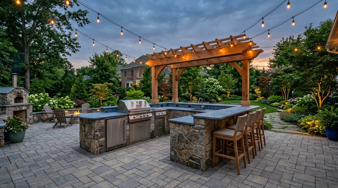 Built-in outdoor kitchen with a stone island, stainless grill, bar seating and a pergola with string lighting in an upscale Maryland backyard
