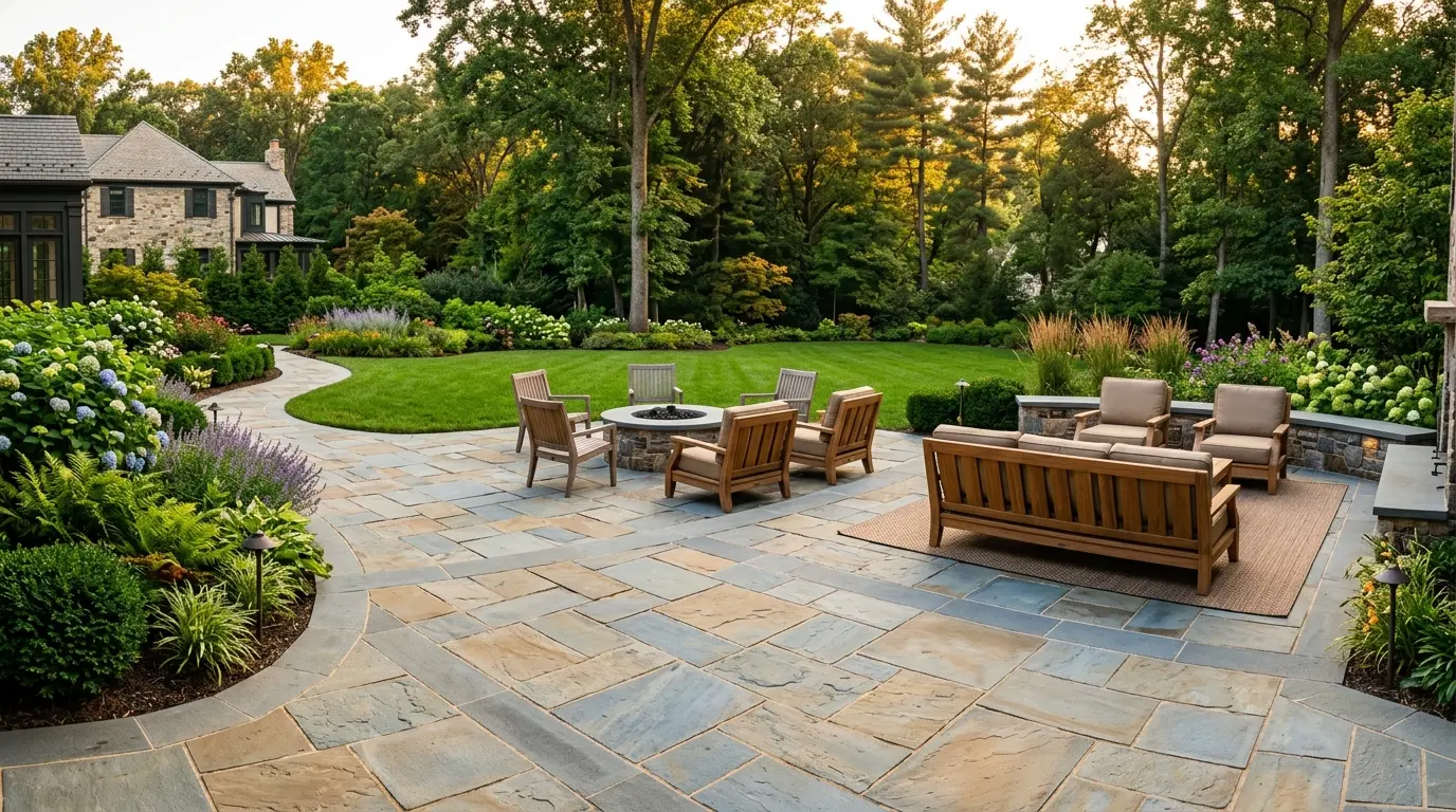 Custom natural flagstone and paver patio with outdoor furniture and lush plantings in an upscale Potomac, MD backyard at golden hour