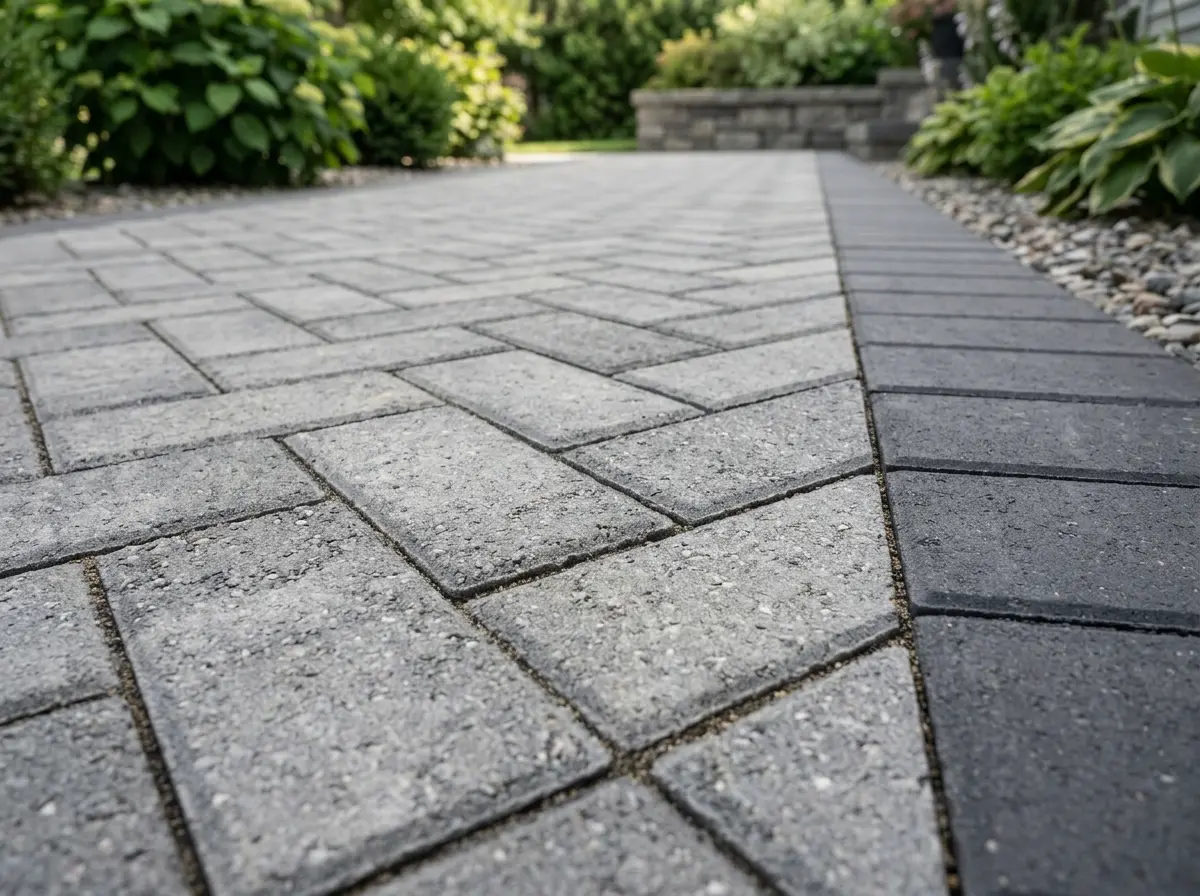 Close-up of professionally laid interlocking concrete pavers with crisp joints and a contrasting border course