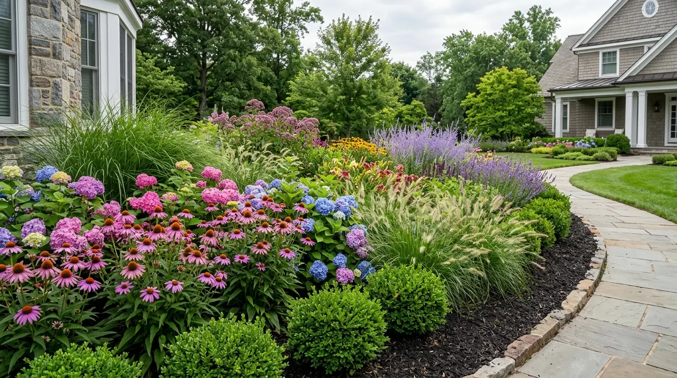 Colorful designed perennial garden border with hydrangeas, coneflowers, ornamental grasses and boxwood in an upscale Maryland yard