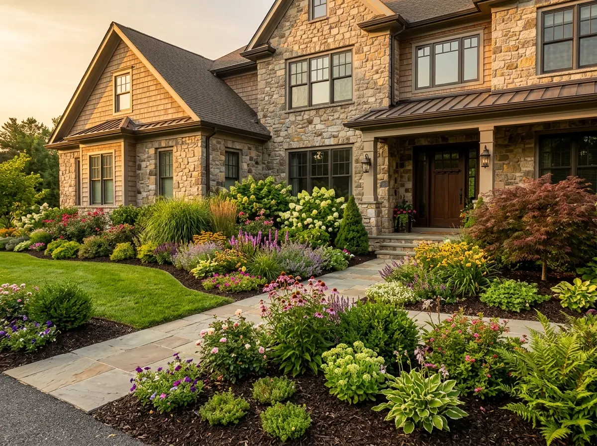 Lush layered foundation plantings with flowering shrubs, ornamental grasses and perennials along an upscale Maryland home at golden hour