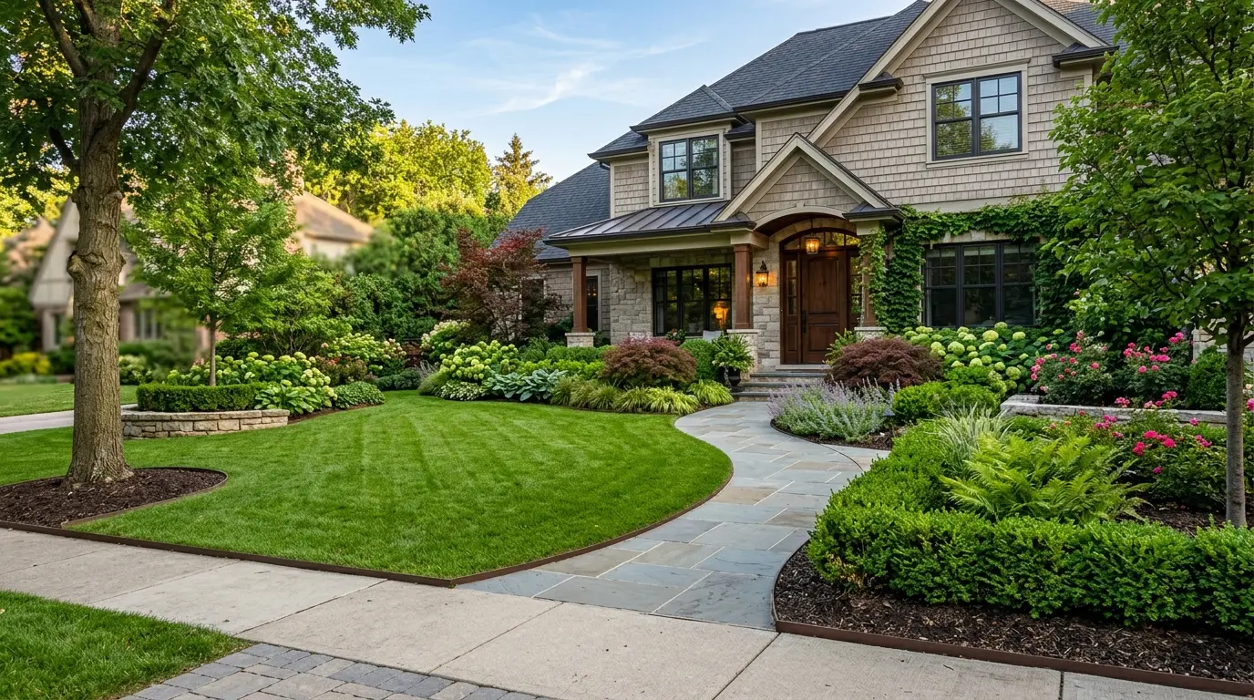 Beautifully transformed upscale front yard with immaculate landscaping and crisp lawn edges