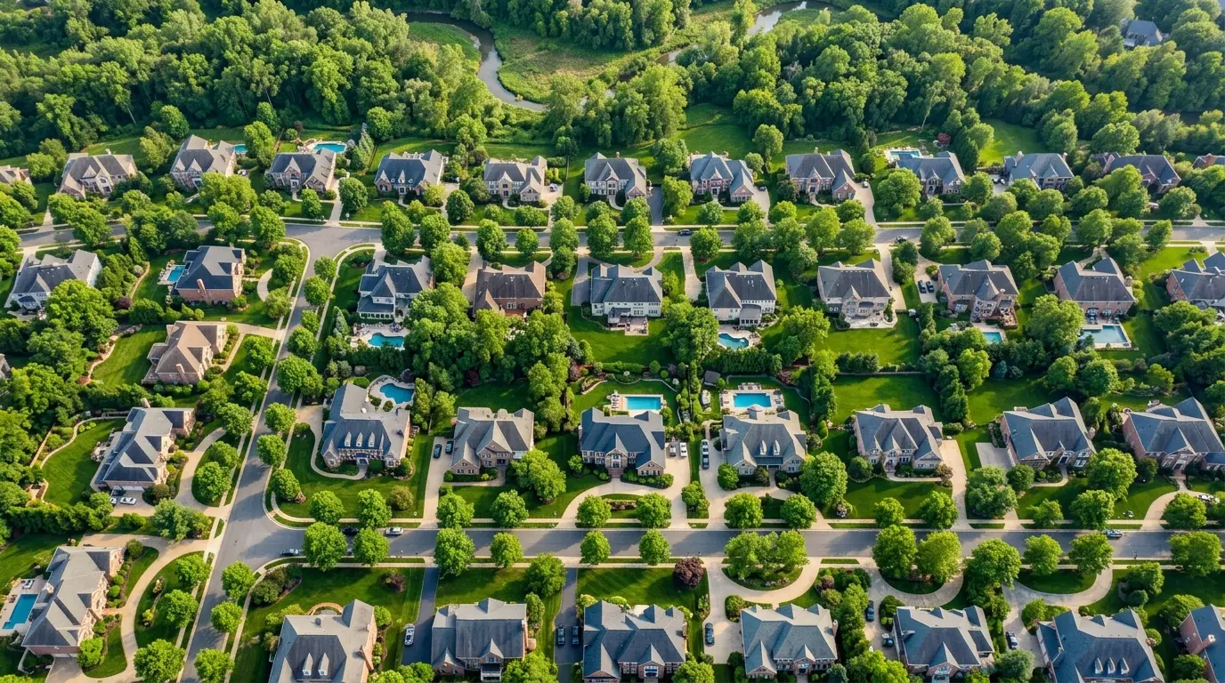 Aerial view of a leafy upscale Montgomery County, MD neighborhood