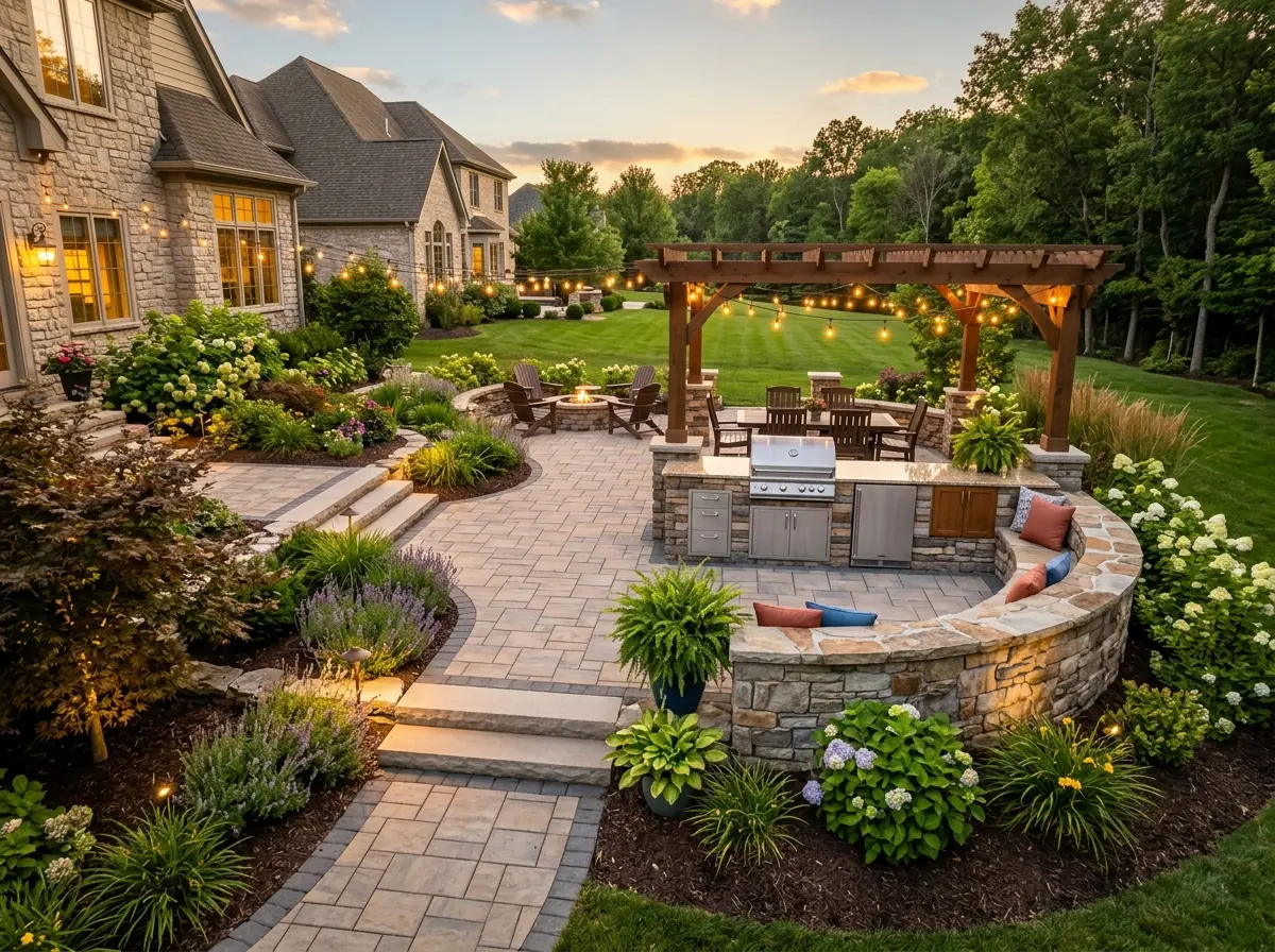 Multi-level paver patio with built-in stone seating wall and outdoor kitchen at dusk