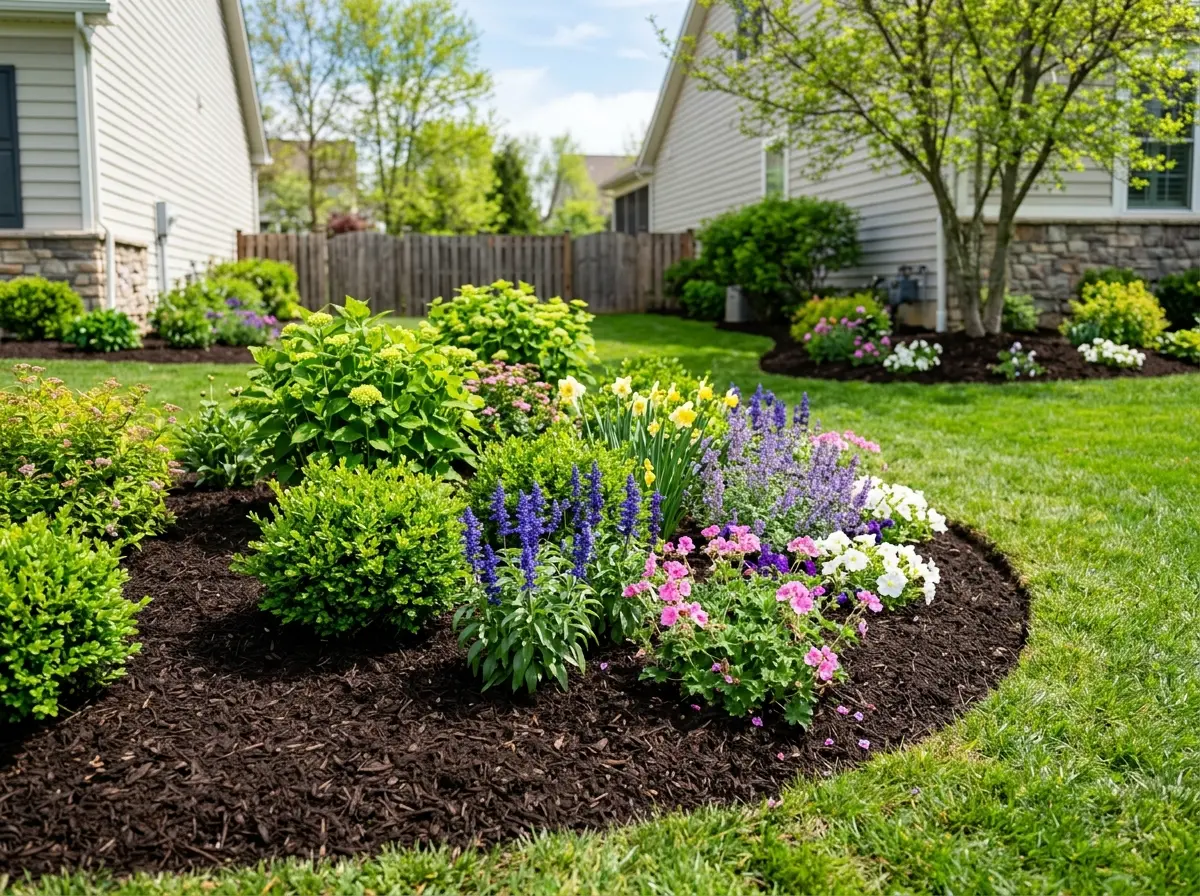 Freshly mulched garden bed with vibrant shrubs and flowers in a Montgomery County, MD yard