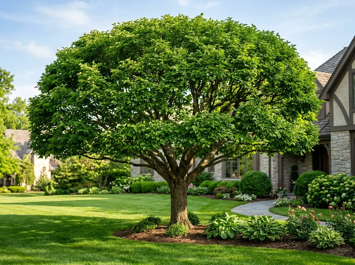Healthy mature shade tree expertly pruned in an upscale residential yard