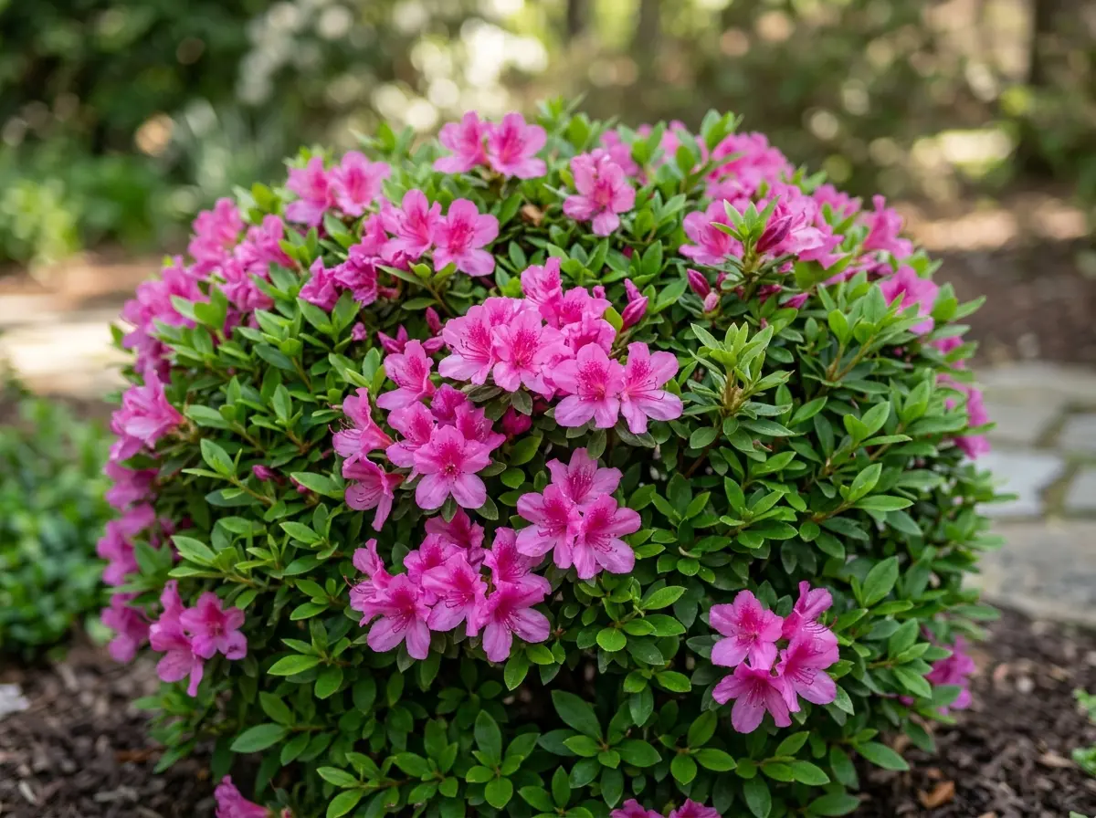 Freshly trimmed blooming pink azalea shrub with crisp shaping and healthy green leaves