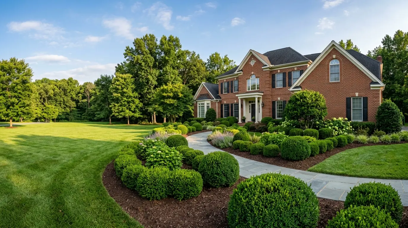 Beautifully pruned boxwoods and ornamental shrubs lining an upscale Maryland brick home