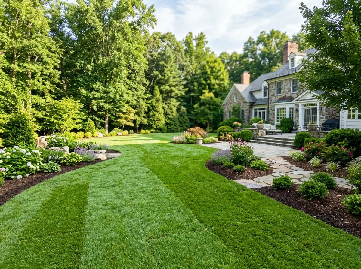 Freshly installed lush green sod lawn with crisp seams and manicured edges in an upscale Maryland backyard