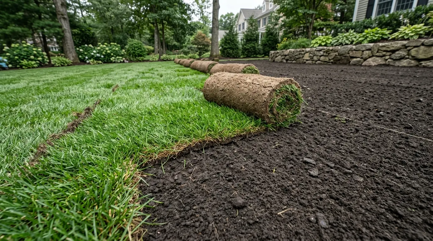 Fresh rolls of sod being laid on prepared graded soil, showing the seam between new green turf and rich dark earth
