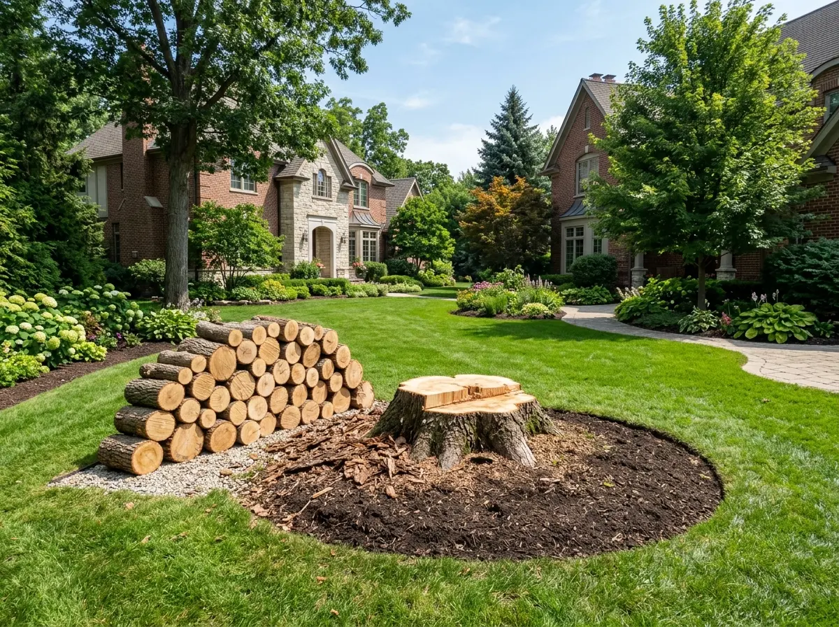 Cleanly cleared area with a freshly cut tree stump and neatly stacked logs in an upscale backyard