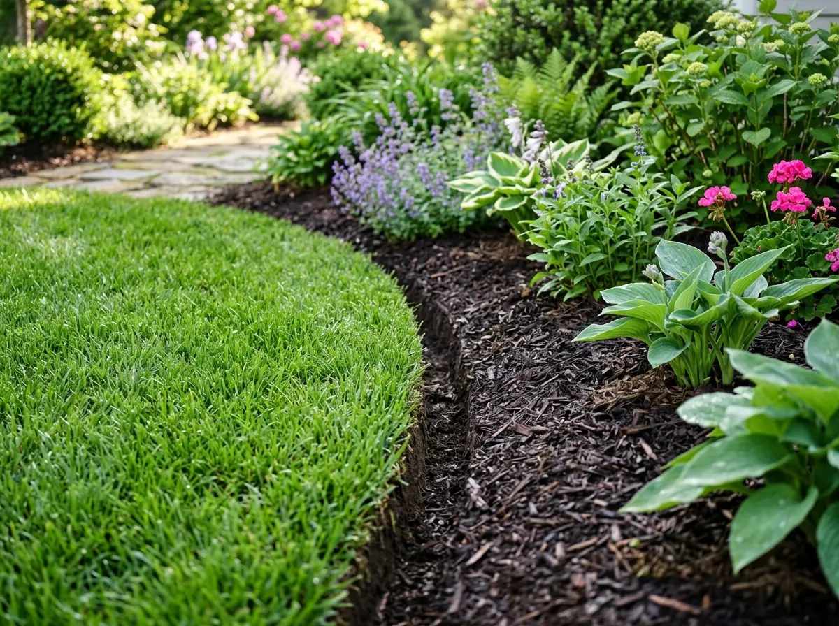 Crisp freshly cut garden bed edge separating dark mulch from a vibrant green lawn