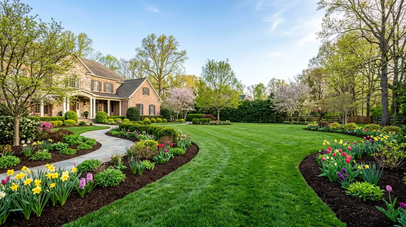 Pristine upscale Maryland yard in early spring after a professional cleanup with crisp beds and blooming tulips