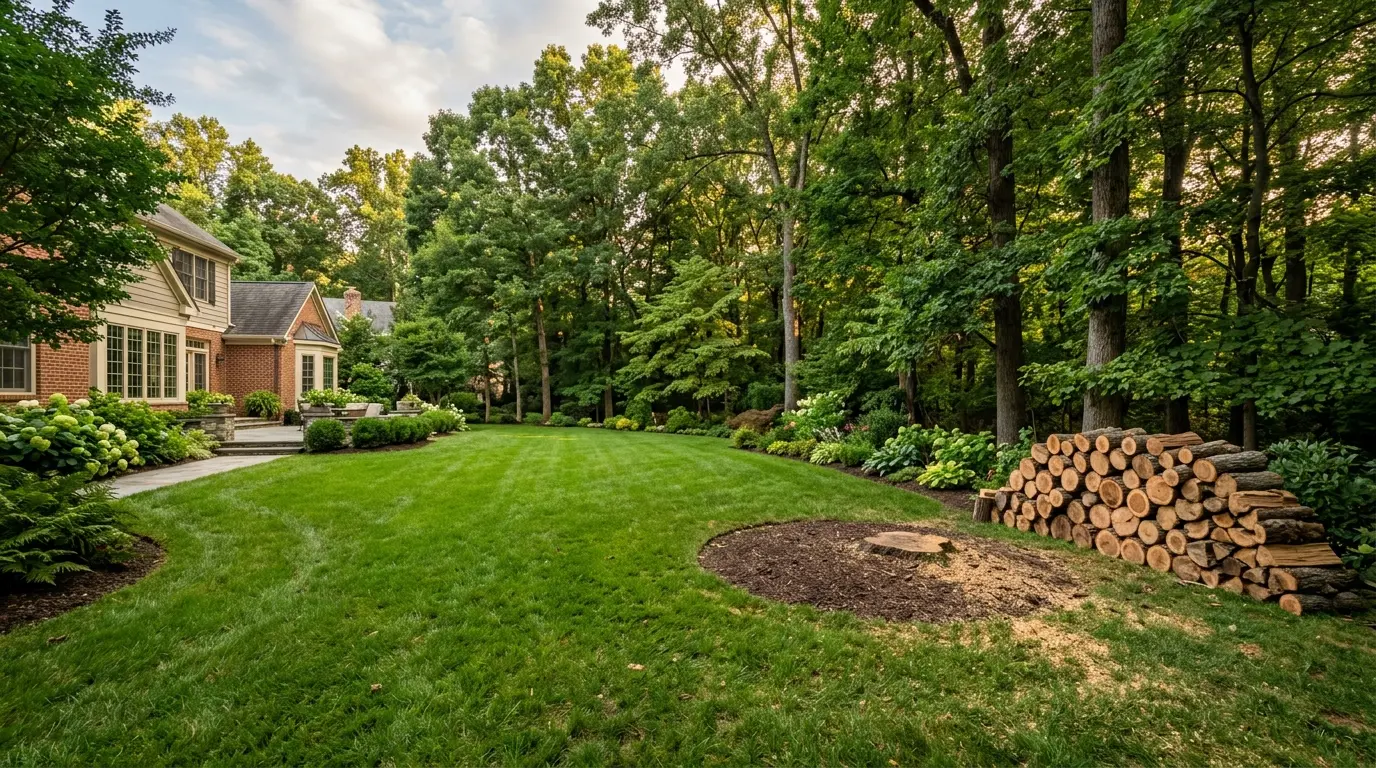 A freshly cleared upscale Maryland backyard after a large tree was safely removed, with stacked logs