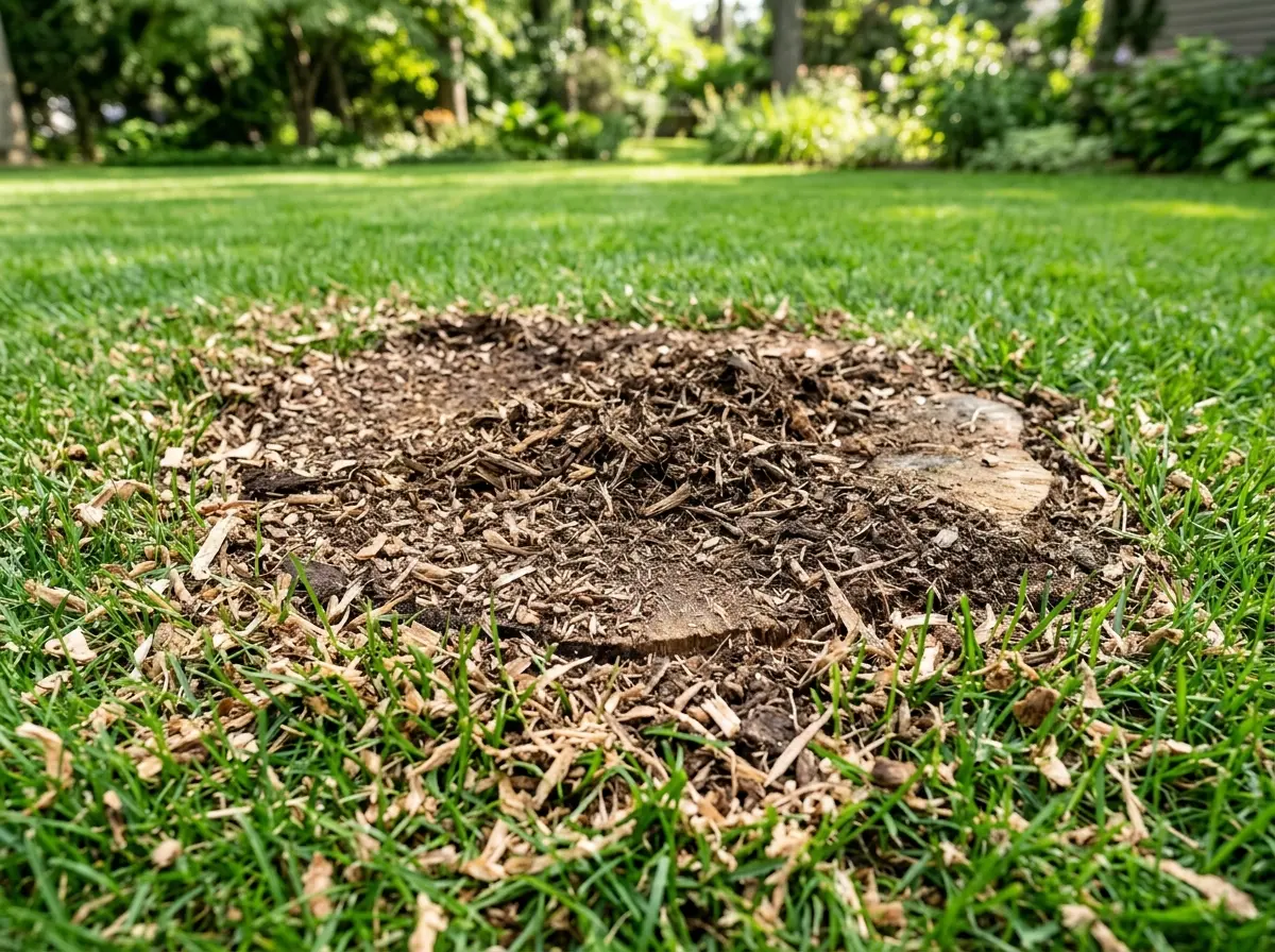 Freshly ground tree stump reduced to wood chips, flush with a healthy green lawn