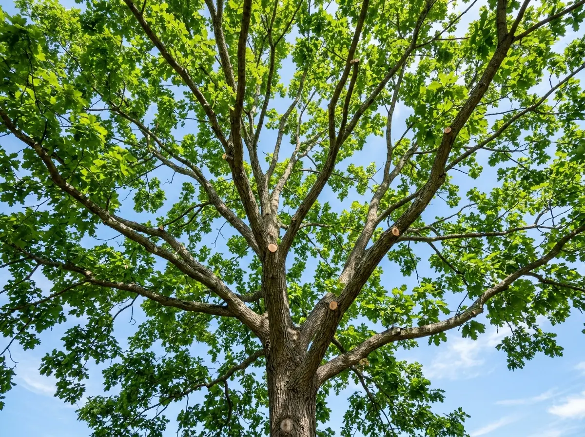 Looking up into the healthy, freshly pruned canopy of a mature tree with good light penetration