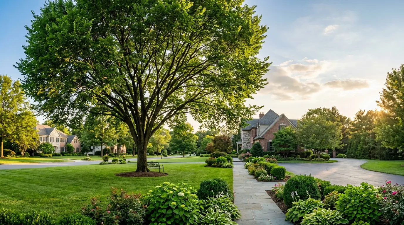 A large, beautifully pruned mature shade tree on an upscale Maryland front lawn