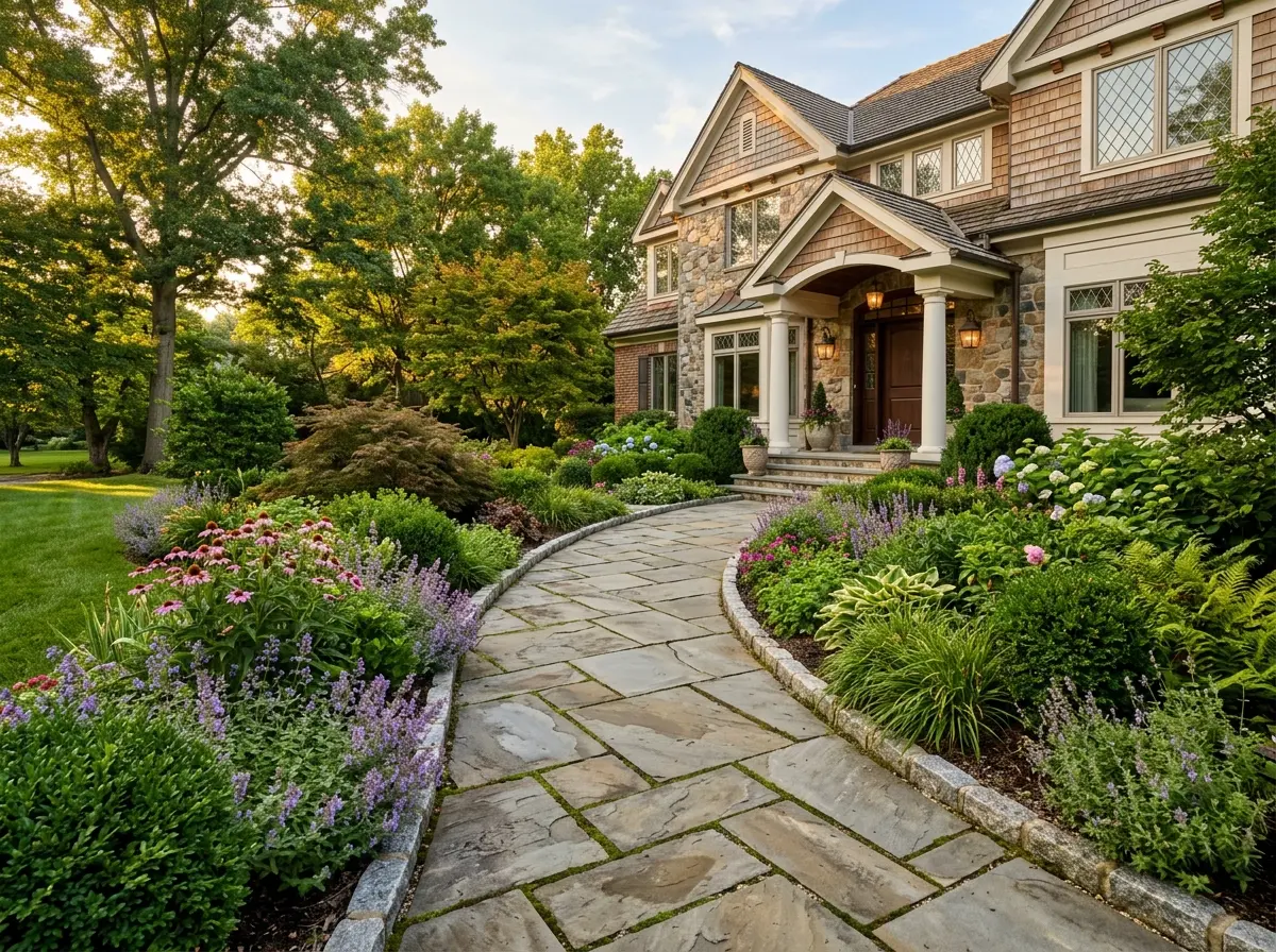 Natural flagstone walkway winding through layered perennial gardens to the entrance of an upscale Maryland home at golden hour