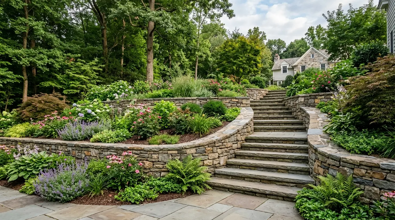 Tiered natural stone retaining wall with built-in steps holding a planted garden terrace in an upscale Maryland backyard