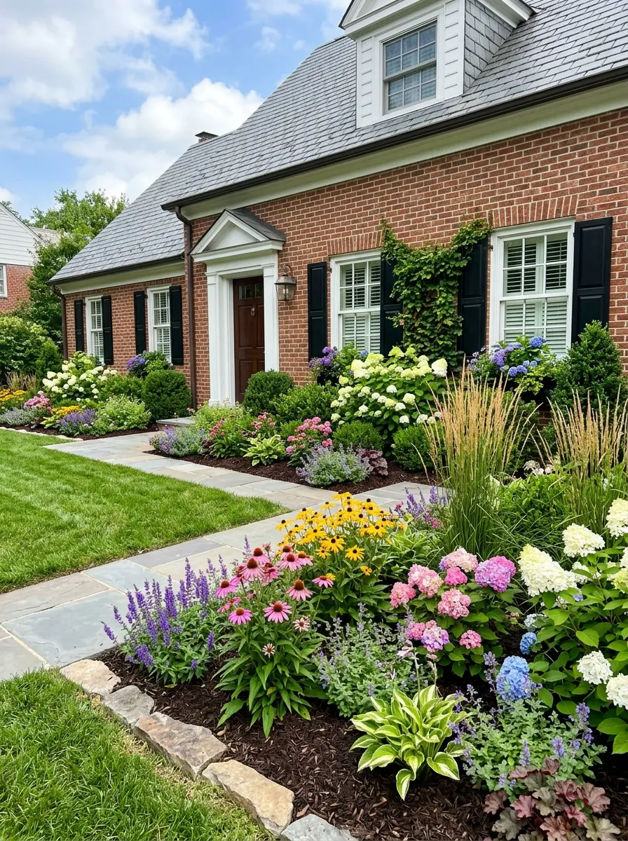 Colorful layered foundation plantings and flower garden along an upscale brick home