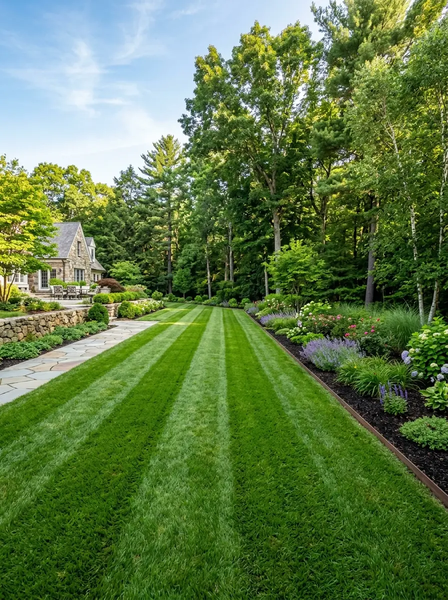 Freshly laid, striped lush green sod lawn in a spacious upscale backyard