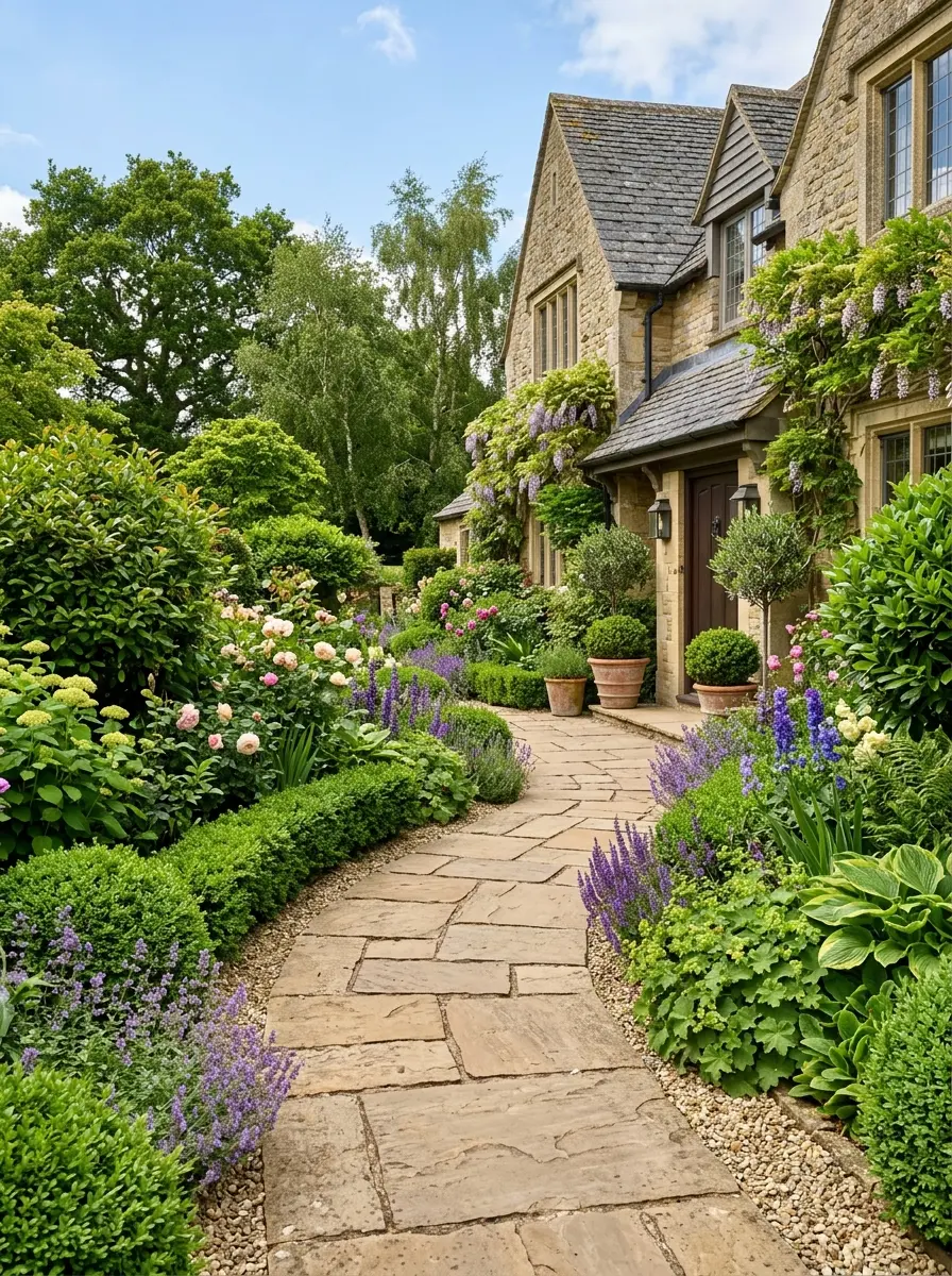 Natural stone walkway winding through a lush perennial garden to a home entrance